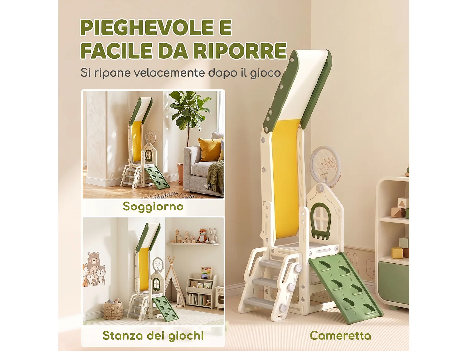 Scivolo per bambini con arrampicata canestro gradini e pallone crema
