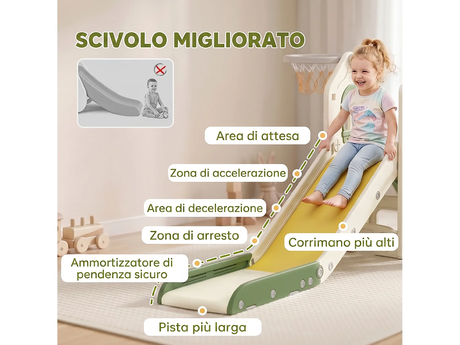 Scivolo per bambini con arrampicata canestro gradini e pallone crema