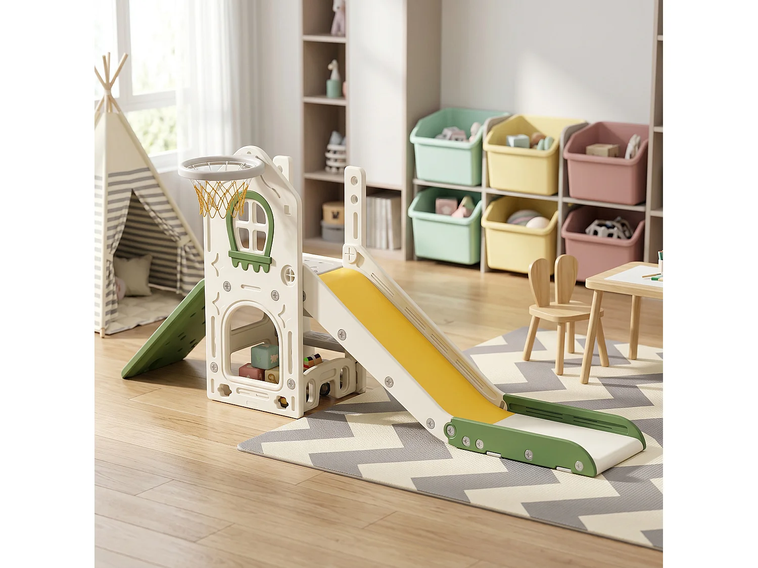 Scivolo per bambini con arrampicata canestro gradini e pallone crema