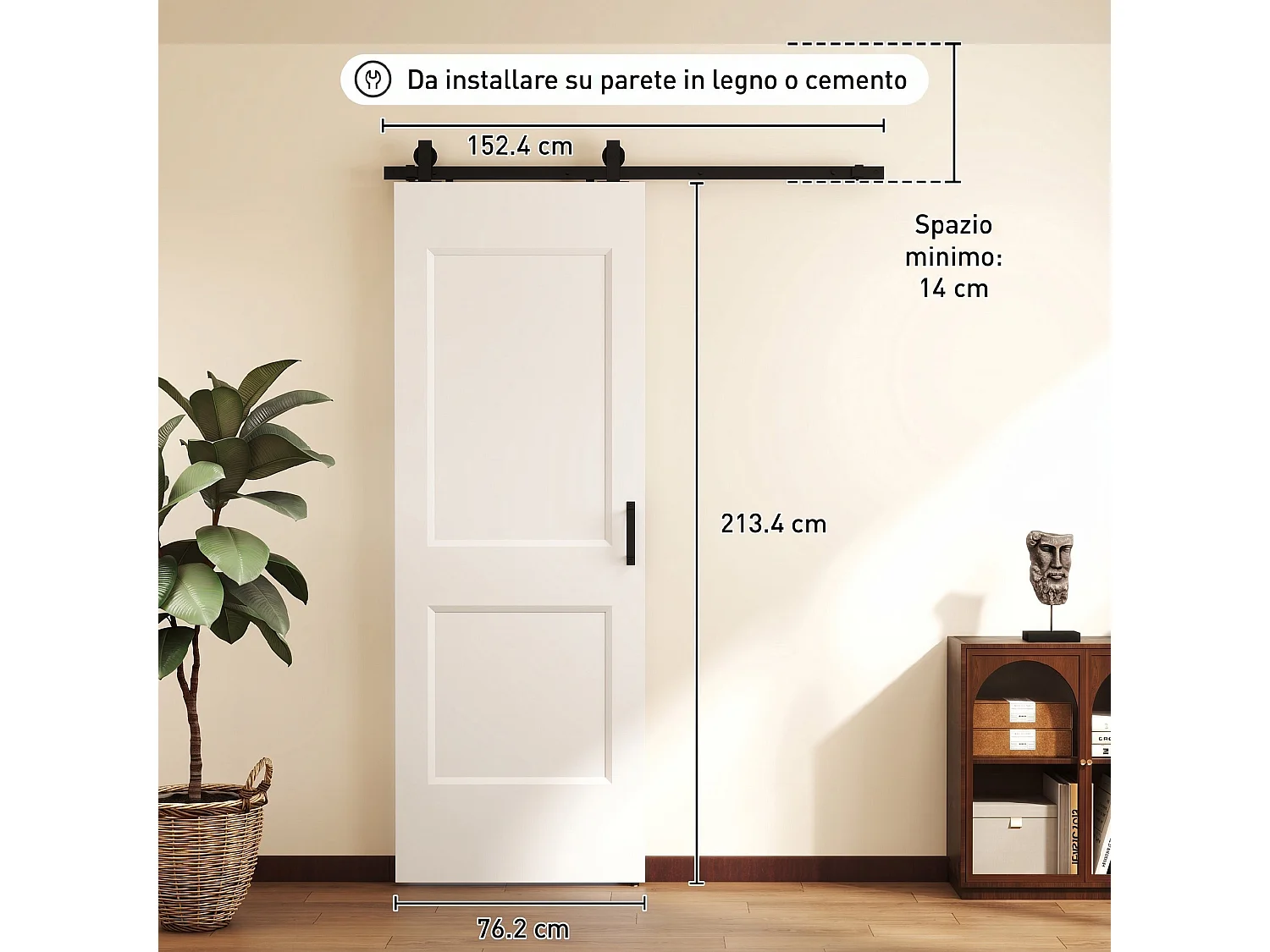Porta scorrevole in legno di pino con binario silenzioso bianco