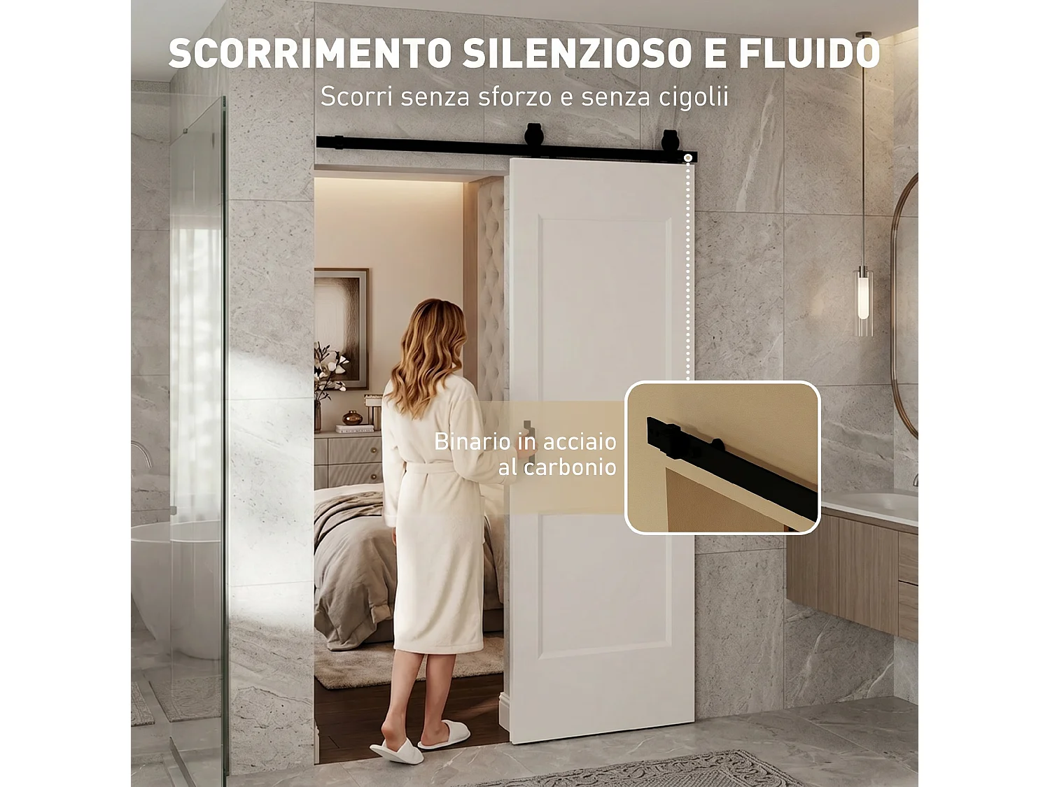 Porta scorrevole in legno di pino con binario silenzioso bianco
