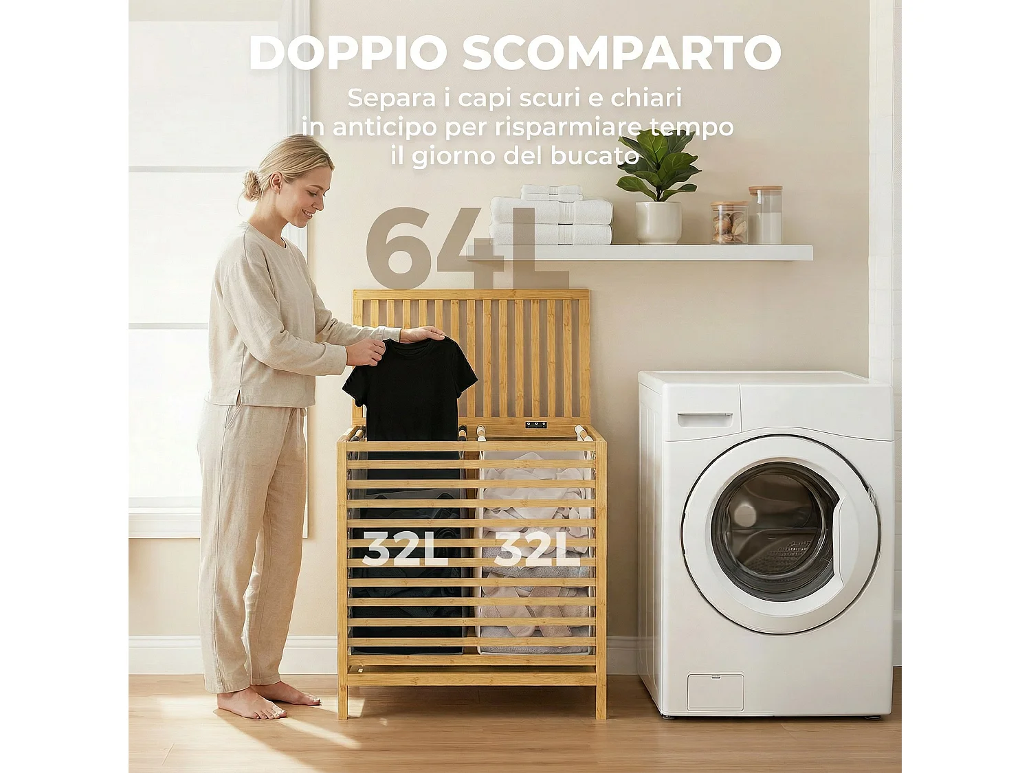 Cesto portabiancheria in bamb 64l con sacche rimovibili color legno
