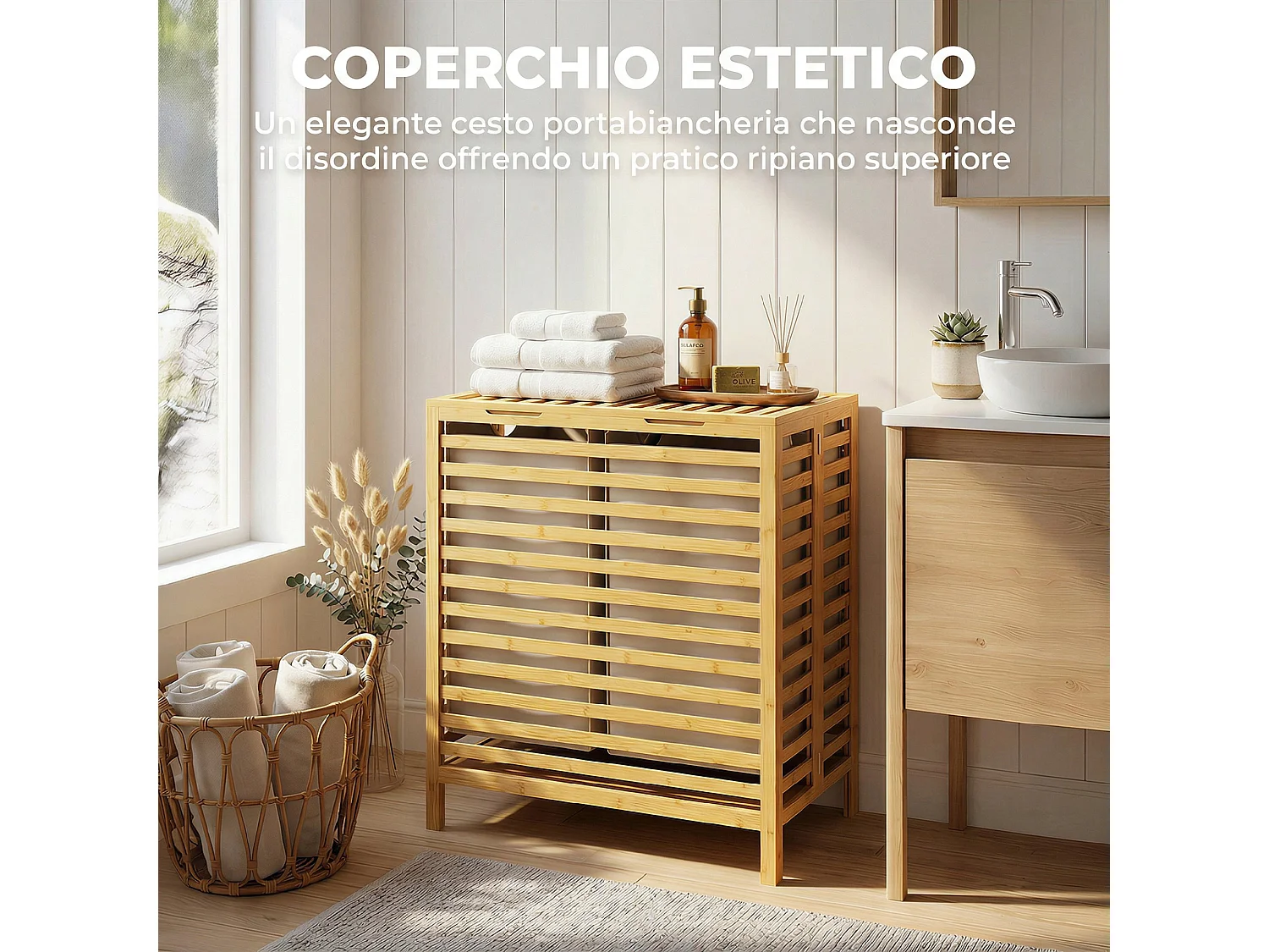 Cesto portabiancheria in bamb 64l con sacche rimovibili color legno