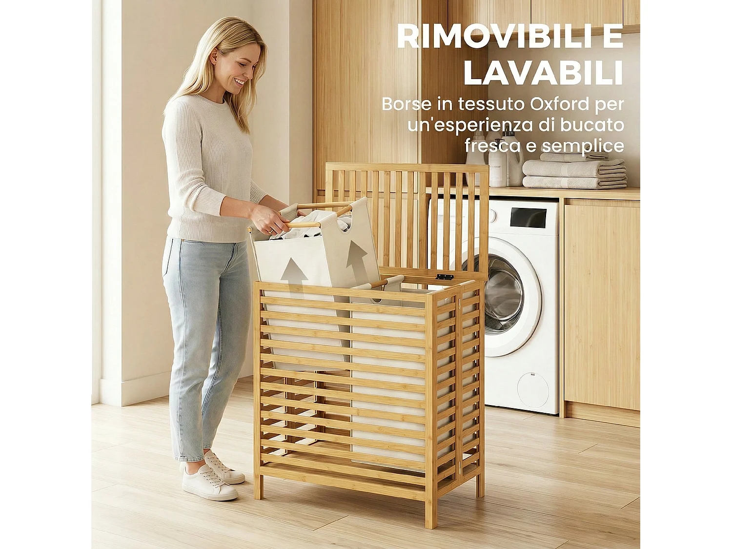Cesto portabiancheria in bamb 64l con sacche rimovibili color legno