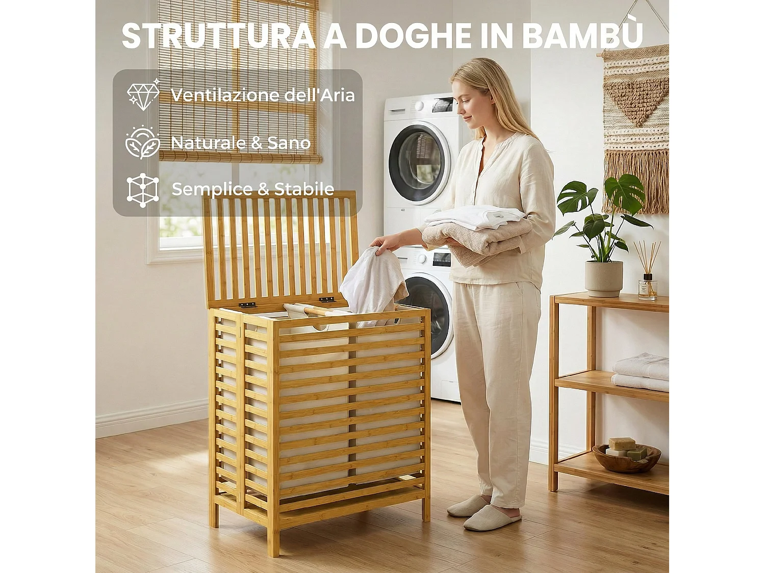 Cesto portabiancheria in bamb 64l con sacche rimovibili color legno
