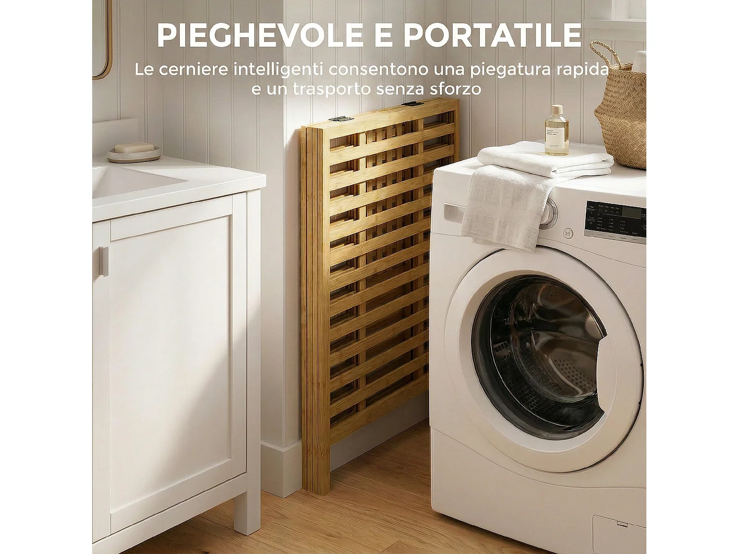 Cesto portabiancheria in bamb 64l con sacche rimovibili color legno