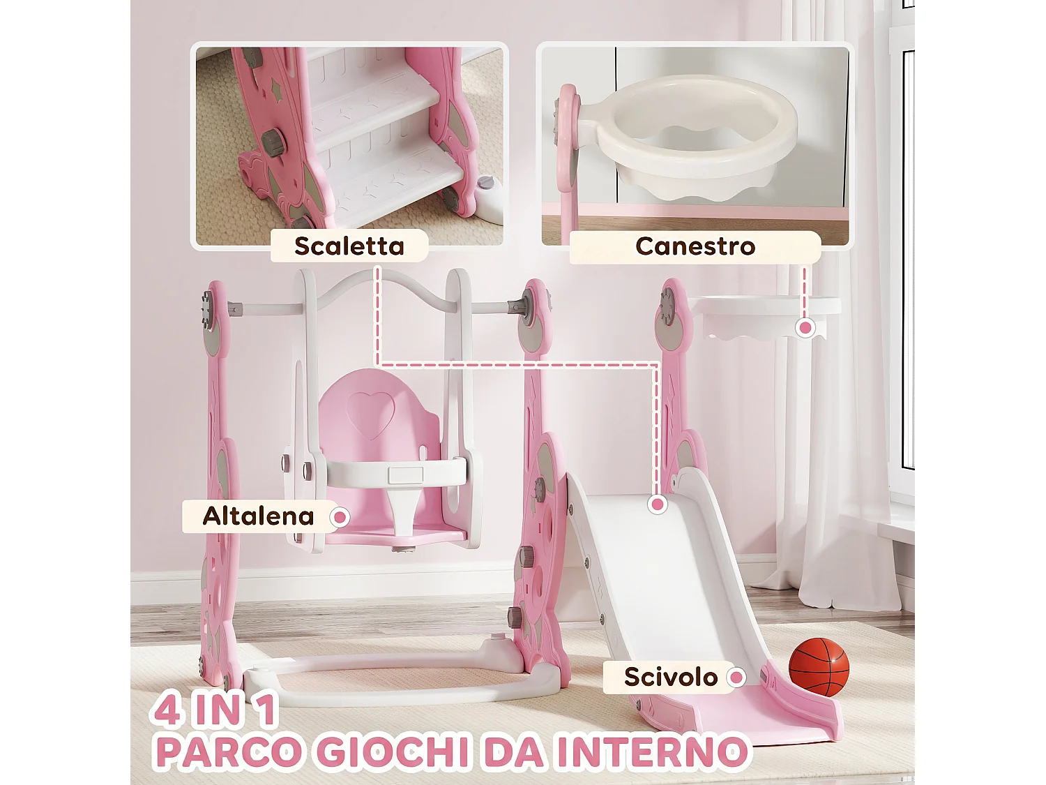 Gioco per bambini 4 in 1 con scivolo altalena arrampicata e canestro