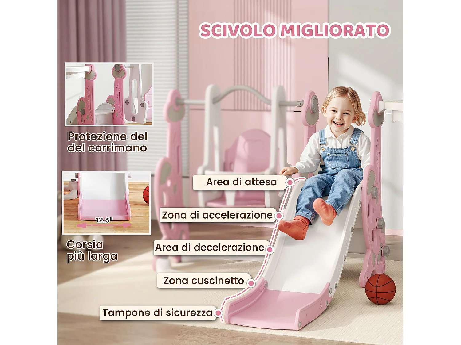 Gioco per bambini 4 in 1 con scivolo altalena arrampicata e canestro