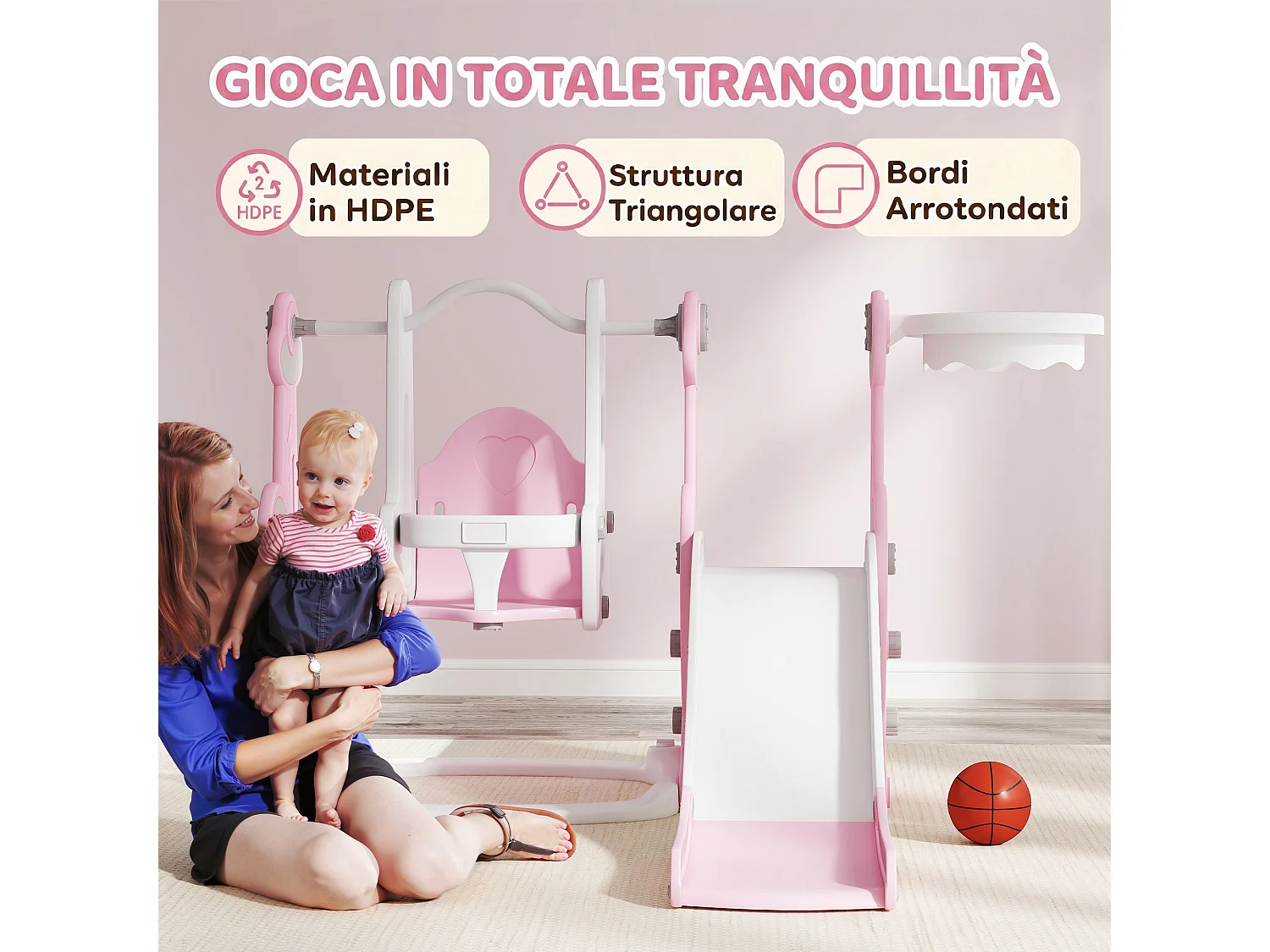 Gioco per bambini 4 in 1 con scivolo altalena arrampicata e canestro