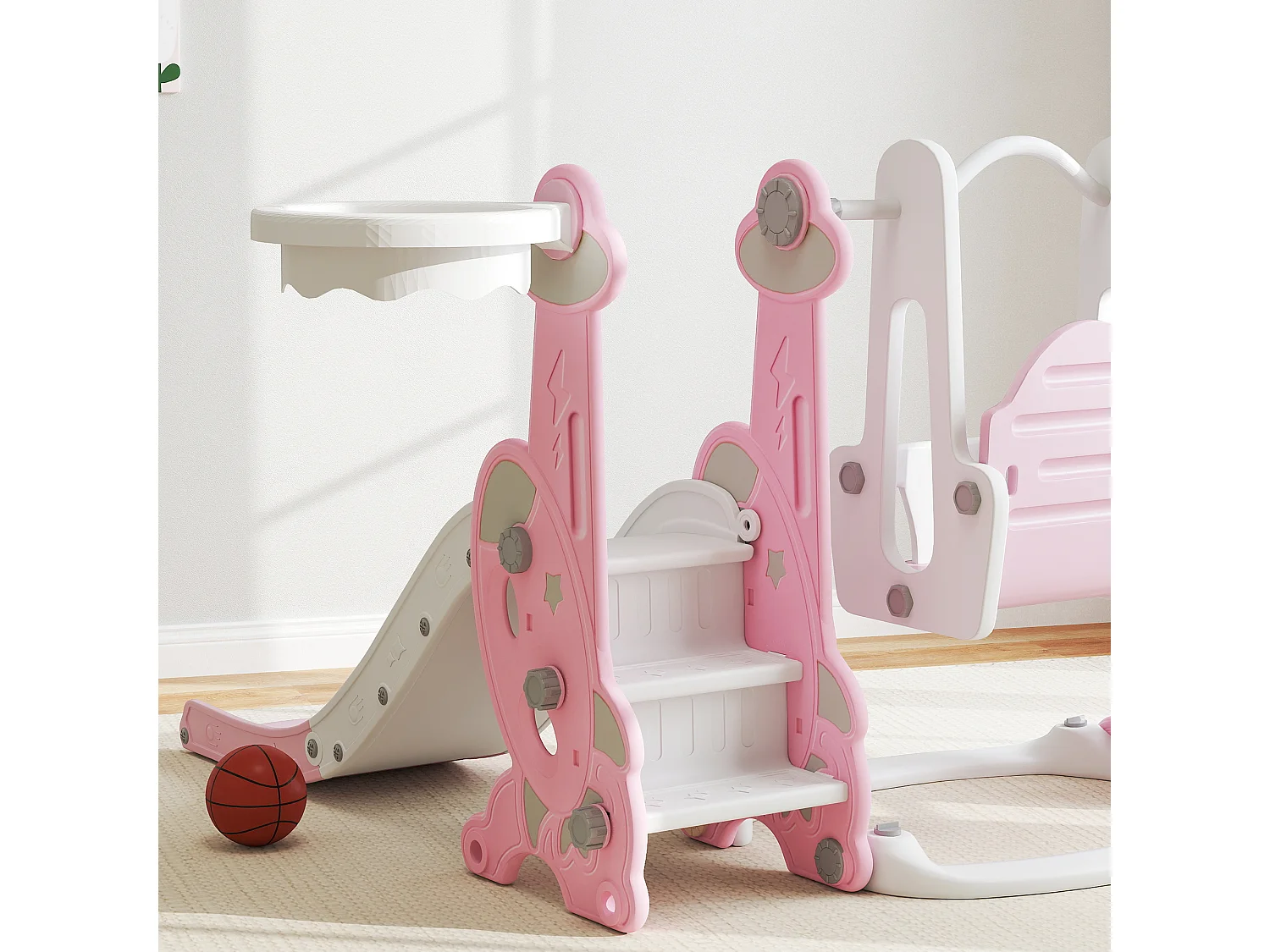Gioco per bambini 4 in 1 con scivolo altalena arrampicata e canestro