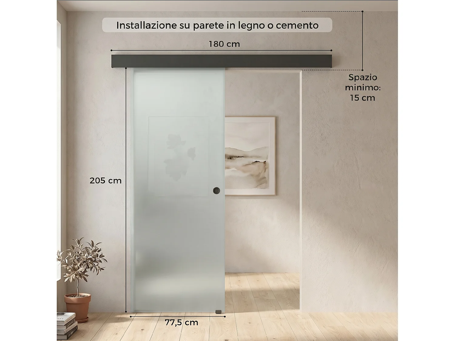 Porta scorrevole in vetro temperato sabbiato 77.5x0.8x205 cm