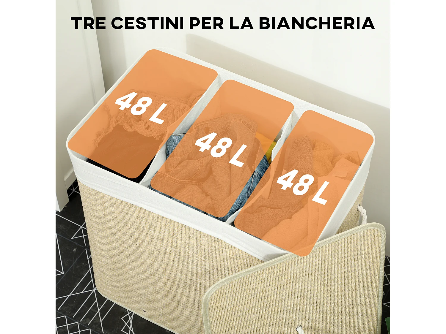 Cesto portabiancheria 144l con coperchio e sacca lavabile crema
