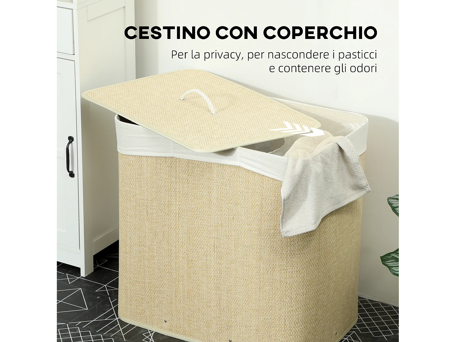 Cesto portabiancheria 144l con coperchio e sacca lavabile crema