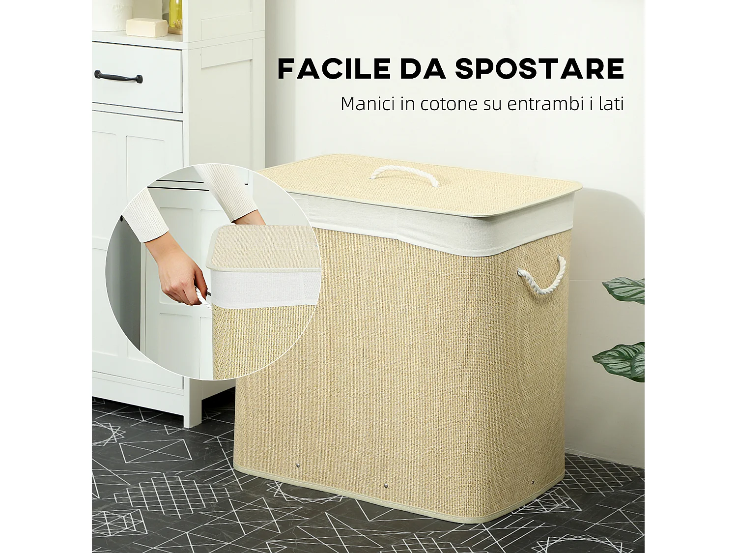Cesto portabiancheria 144l con coperchio e sacca lavabile crema