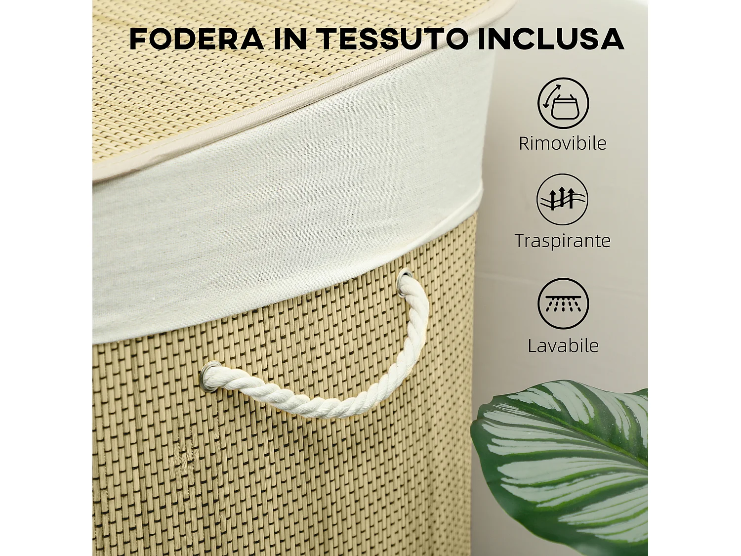 Cesto portabiancheria 144l con coperchio e sacca lavabile crema