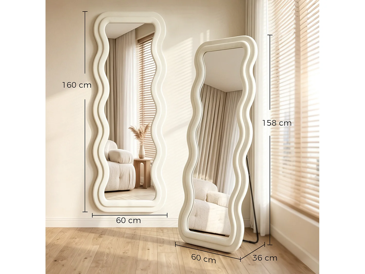 Specchio figura intera a cornice ondulata 160x60 cm in velluto crema