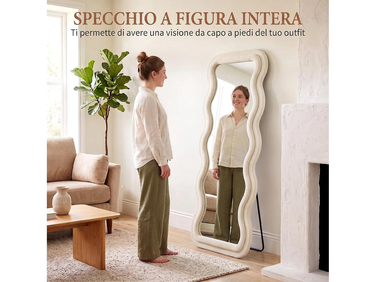 Specchio figura intera a cornice ondulata 160x60 cm in velluto crema
