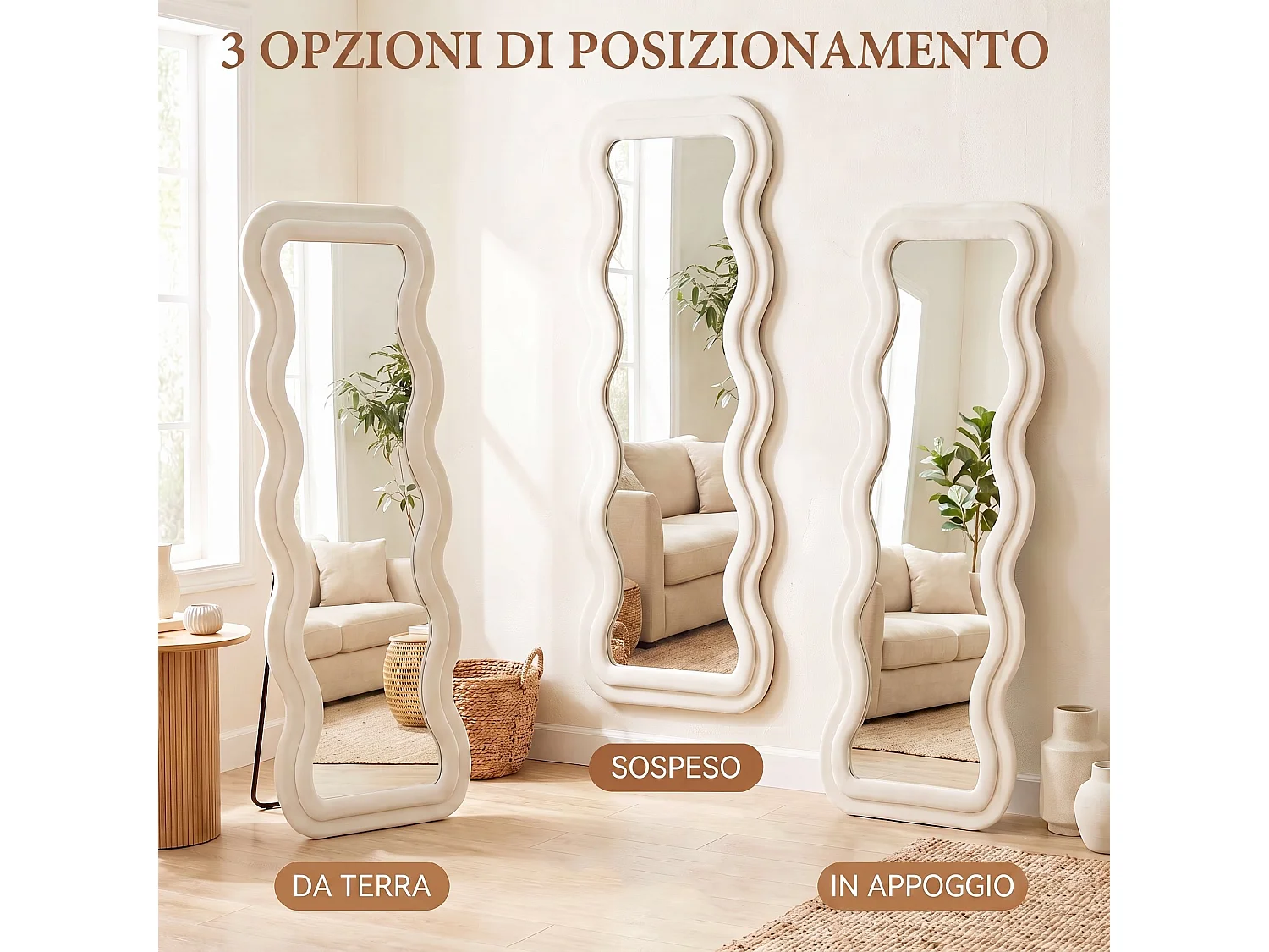 Specchio figura intera a cornice ondulata 160x60 cm in velluto crema