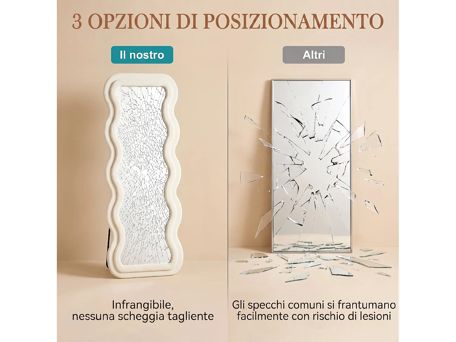 Specchio figura intera a cornice ondulata 160x60 cm in velluto crema