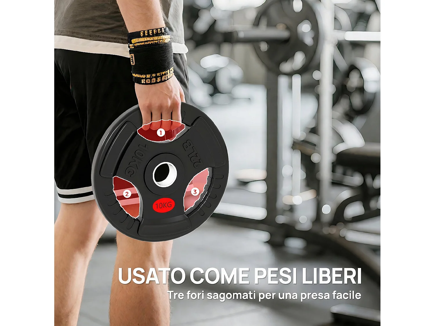 Set di dischi pesi 2x10 kg con foro da 5 cm e 3 impugnature