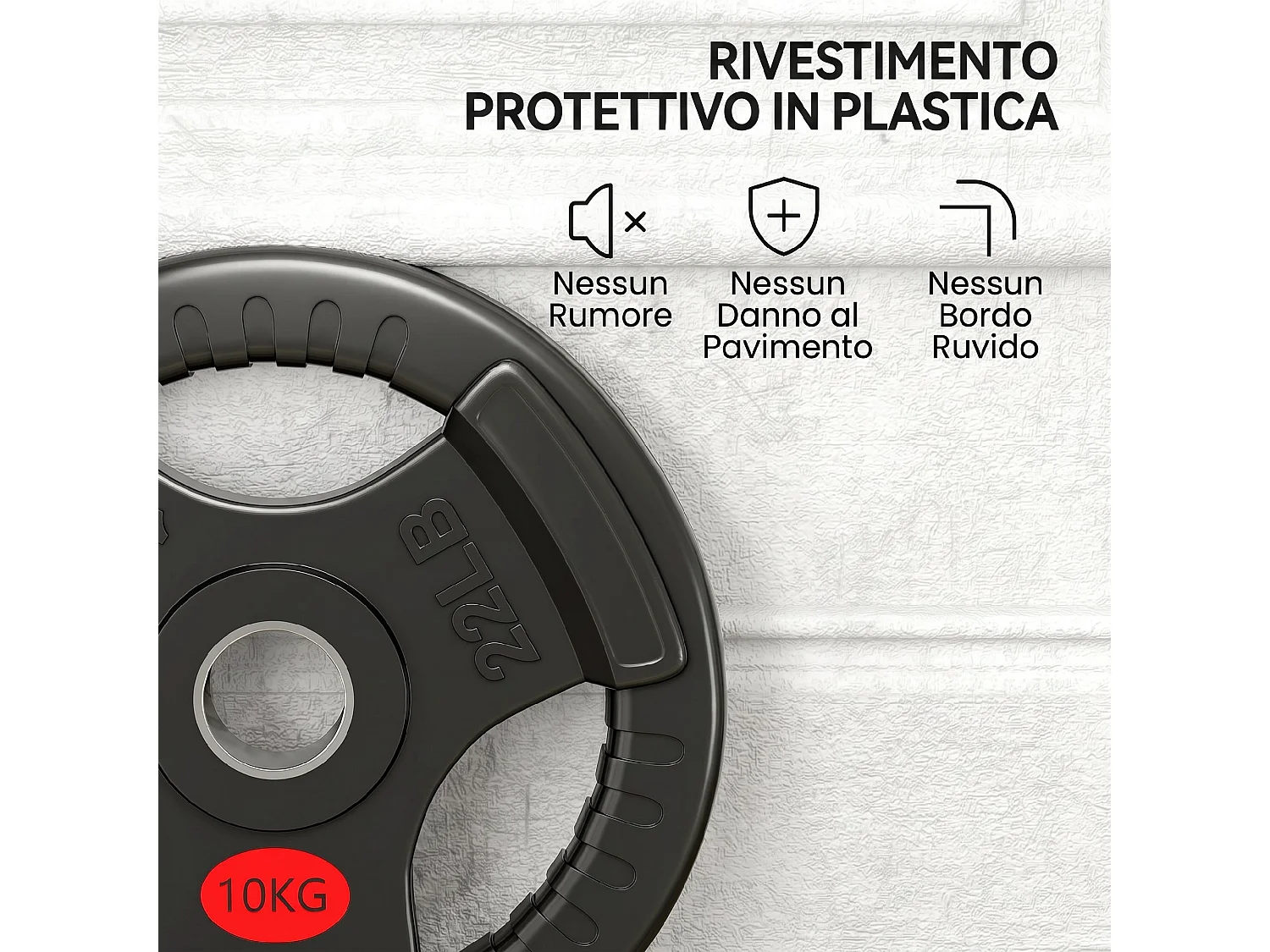 Set di dischi pesi 2x10 kg con foro da 5 cm e 3 impugnature