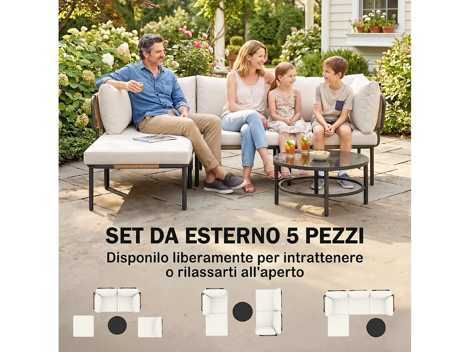 Set di mobili da giardino 5 pezzi, con cuscini, colore cachi