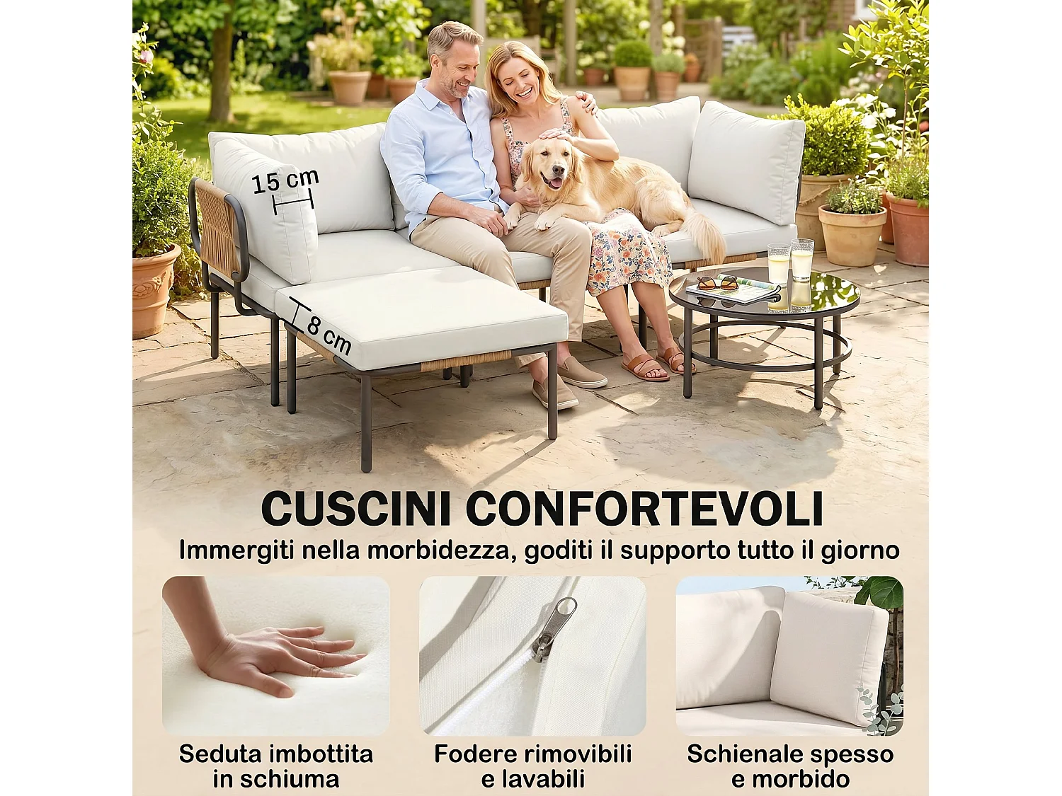 Set di mobili da giardino 5 pezzi, con cuscini, colore cachi