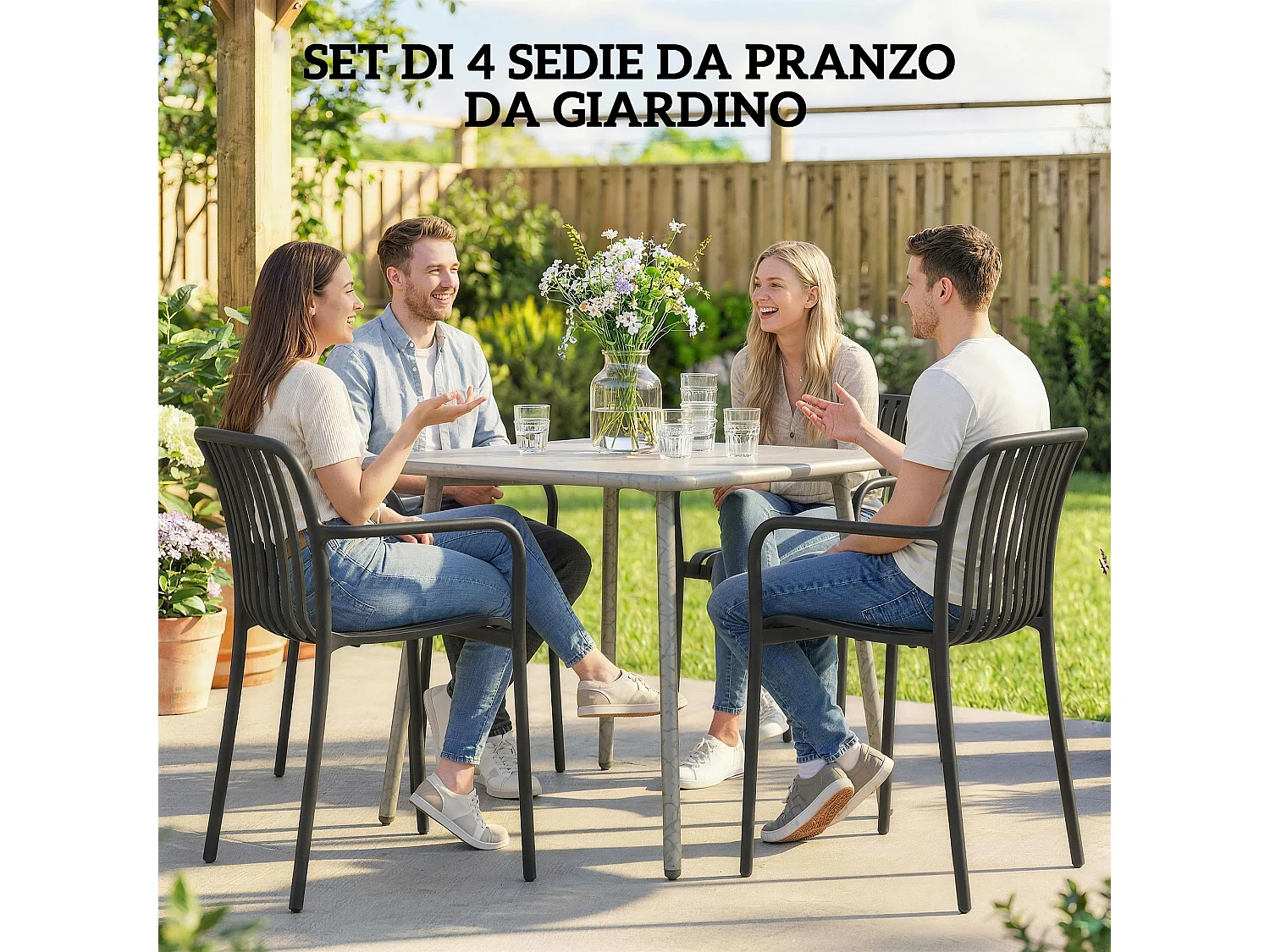 Set 4 sedie da giardino impilabili plastica nero