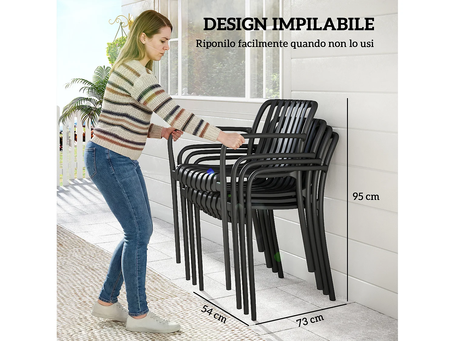 Set 4 sedie da giardino impilabili plastica nero