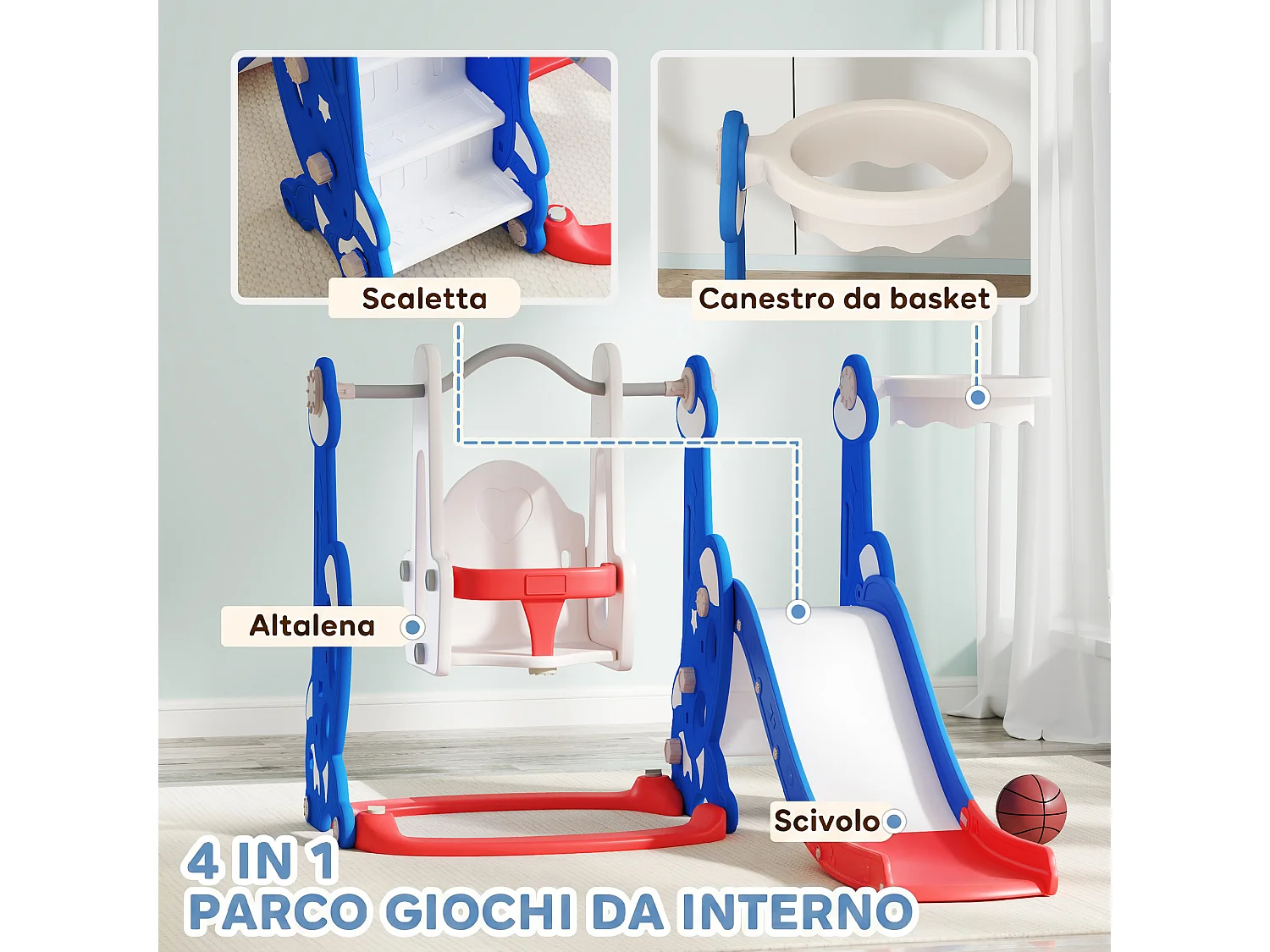 Gioco per bambini 4 in 1 con scivolo altalena arrampicata e canestro