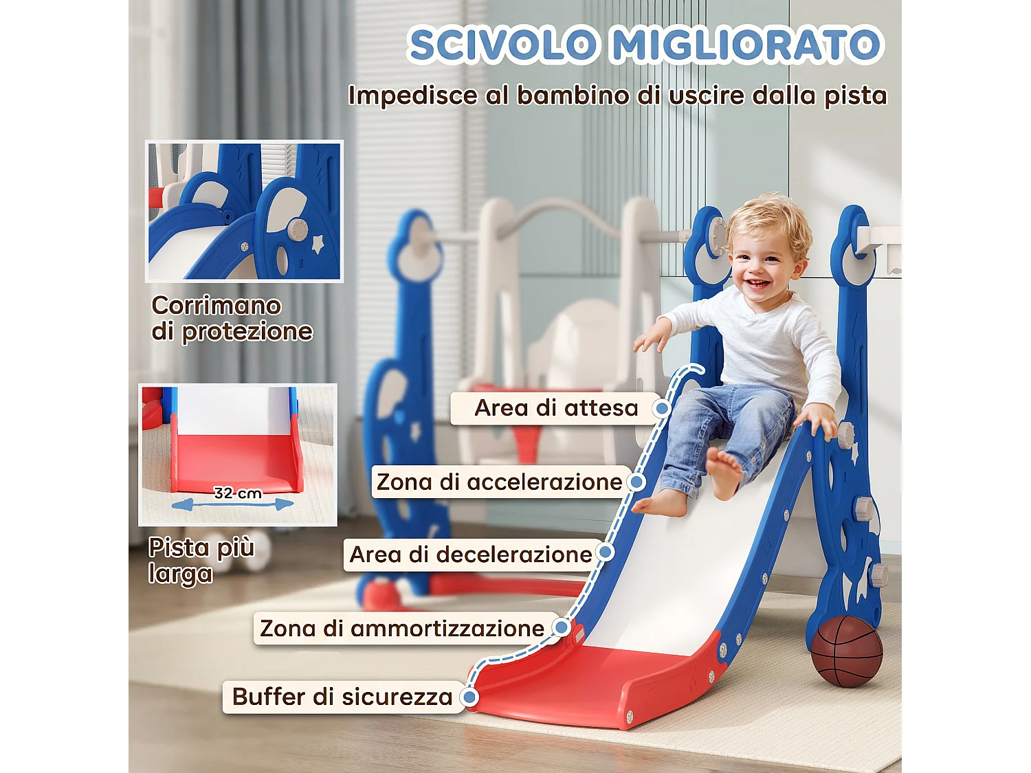 Gioco per bambini 4 in 1 con scivolo altalena arrampicata e canestro