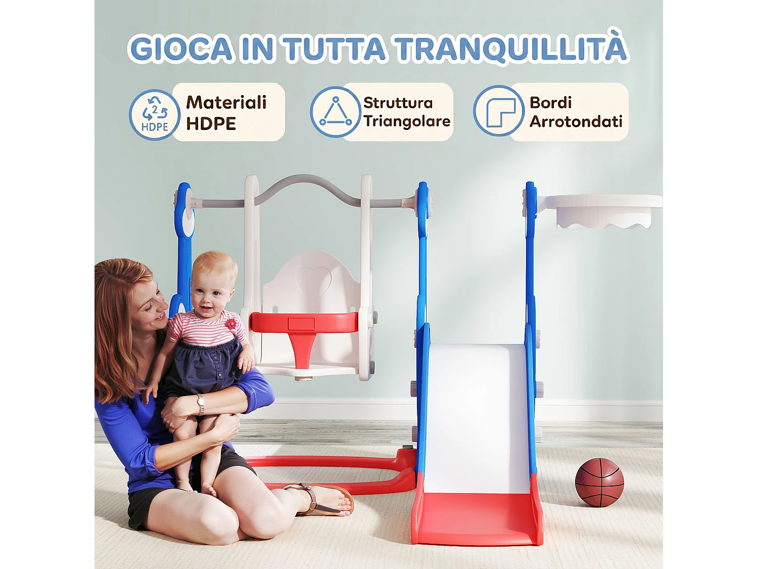 Gioco per bambini 4 in 1 con scivolo altalena arrampicata e canestro