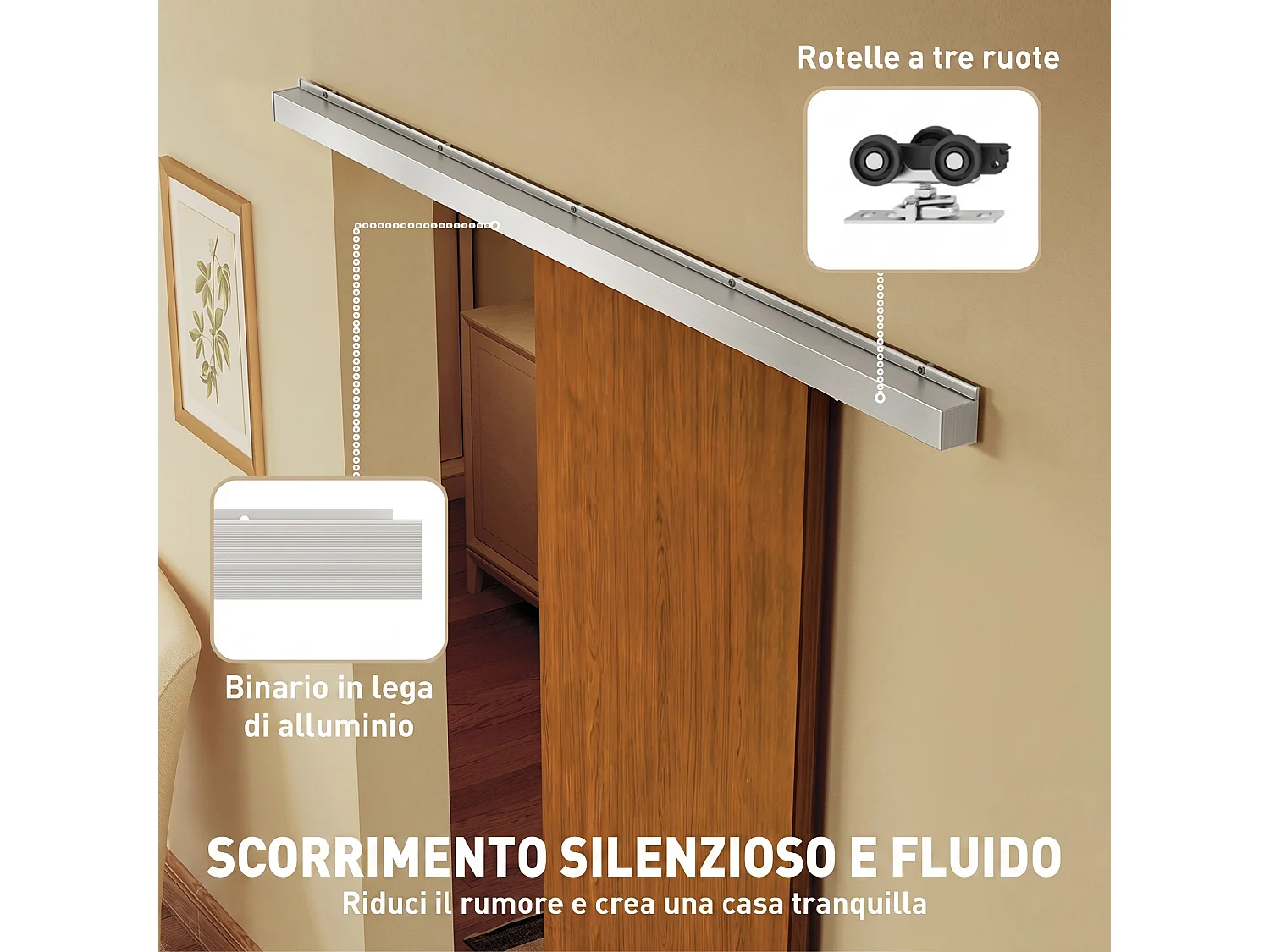 Porta scorrevole con binario silenzioso 75x210 cm in mdf marrone