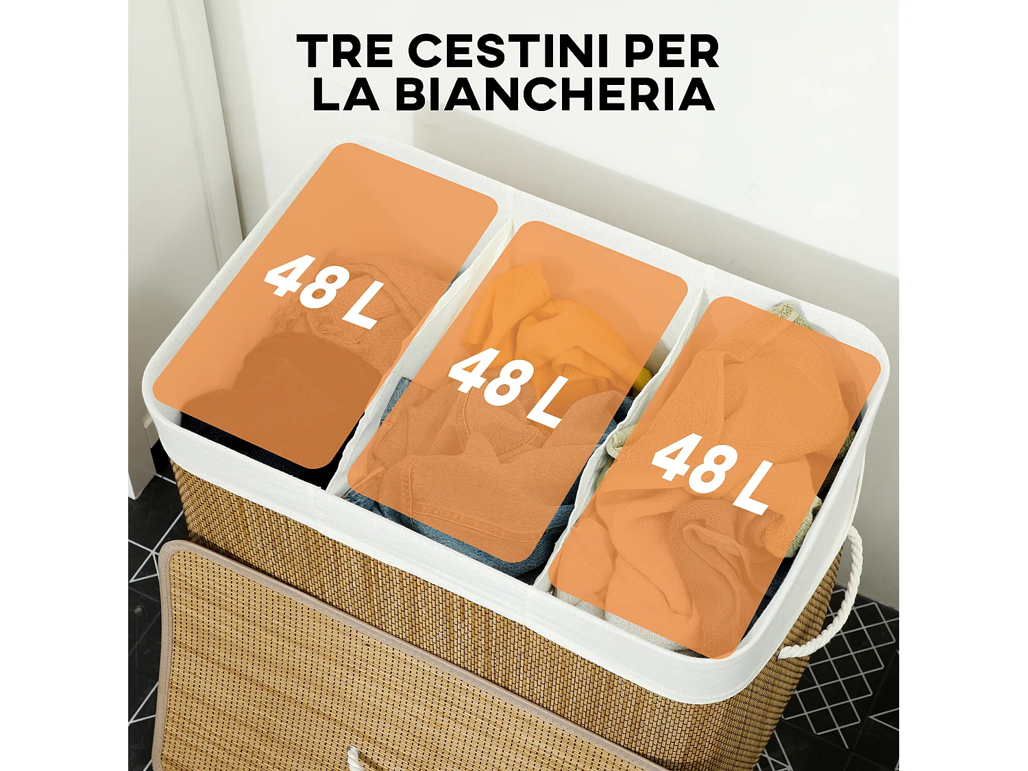 Cesto portabiancheria 144l con coperchio e sacca lavabile marrone
