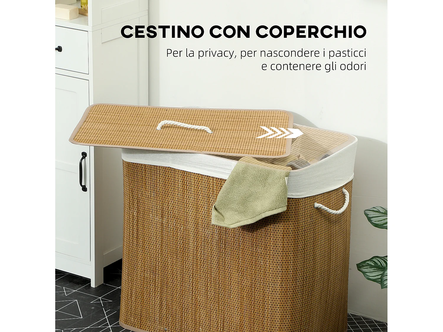 Cesto portabiancheria 144l con coperchio e sacca lavabile marrone