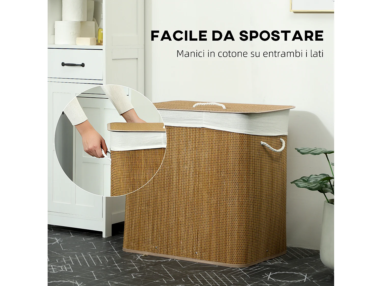 Cesto portabiancheria 144l con coperchio e sacca lavabile marrone