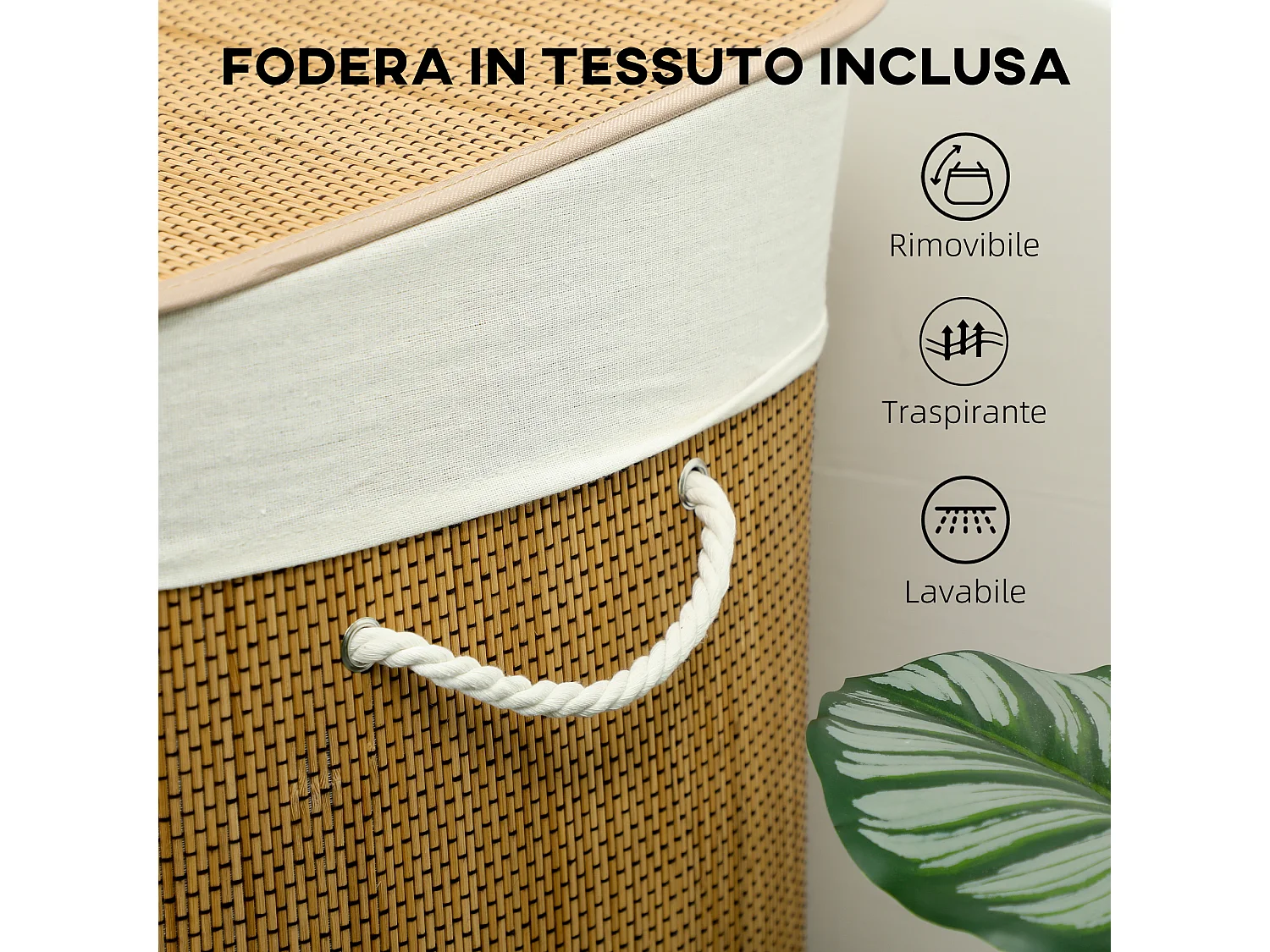 Cesto portabiancheria 144l con coperchio e sacca lavabile marrone