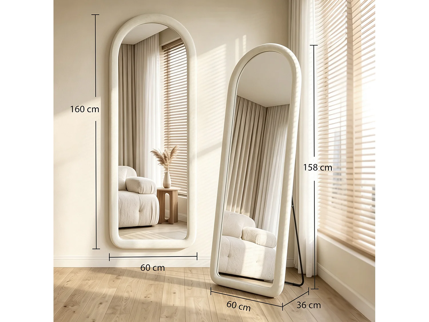 Specchio da terra ad arco cornice in flanella, 160x60 cm