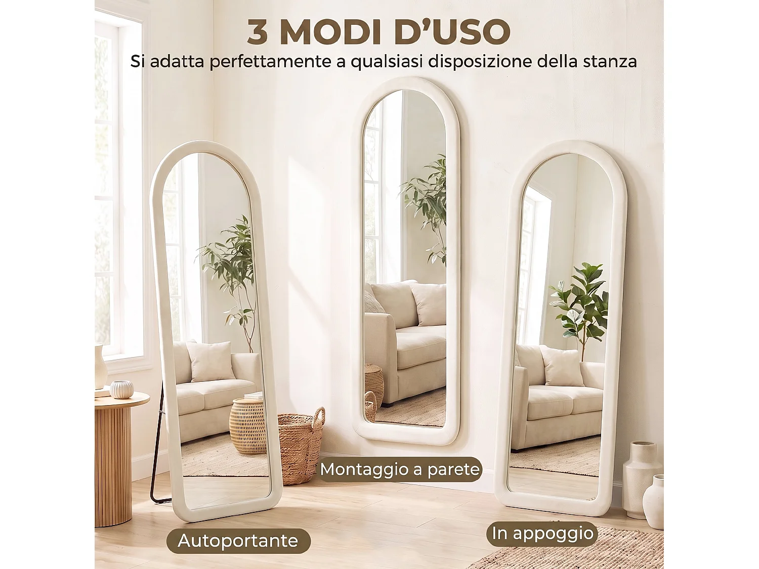 Specchio da terra ad arco cornice in flanella, 160x60 cm