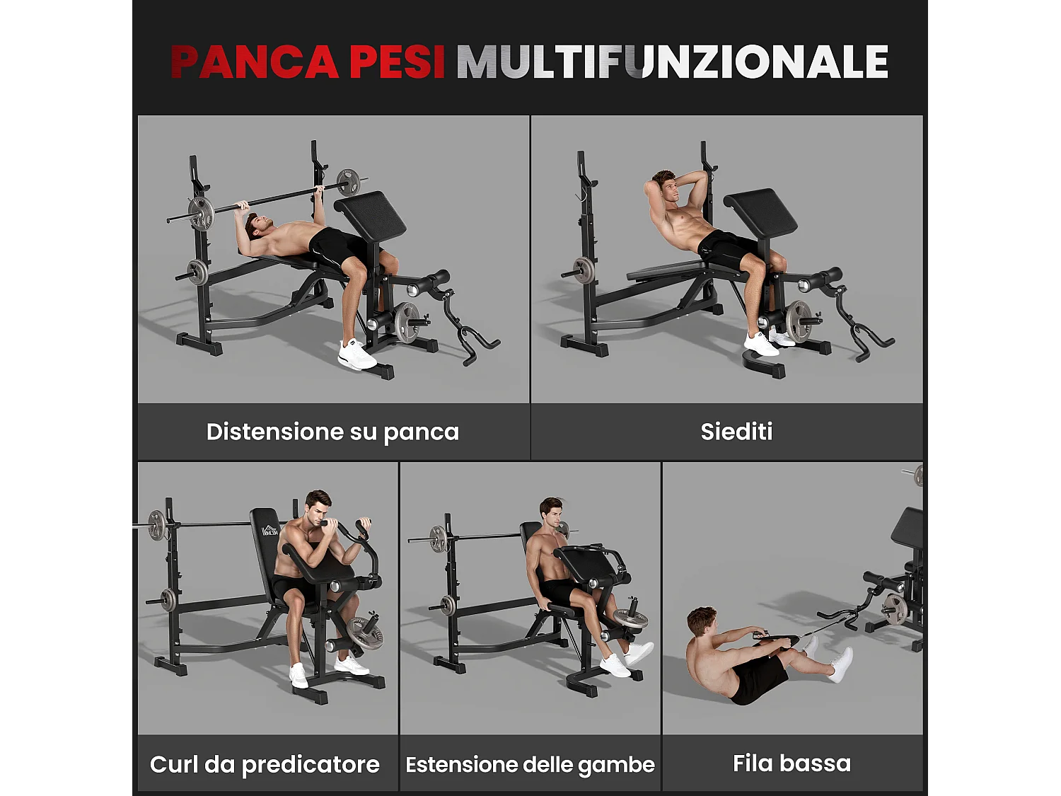 Panca multifunzione regolabile con rack bilanciere grigio e nero