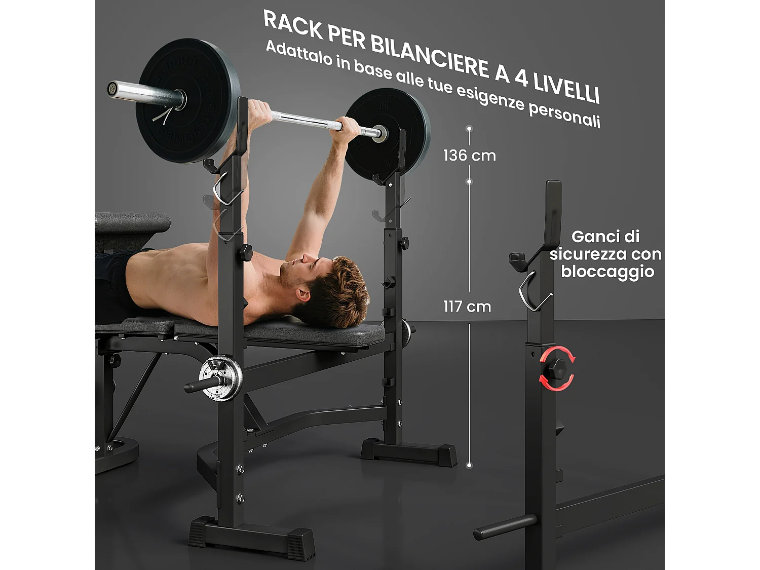 Panca multifunzione regolabile con rack bilanciere grigio e nero