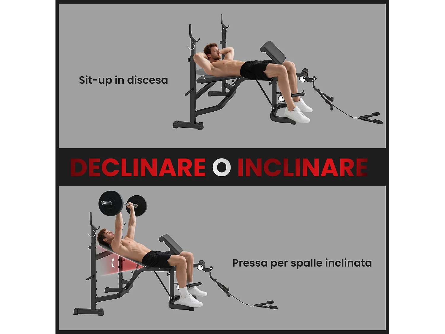Panca multifunzione regolabile con rack bilanciere grigio e nero