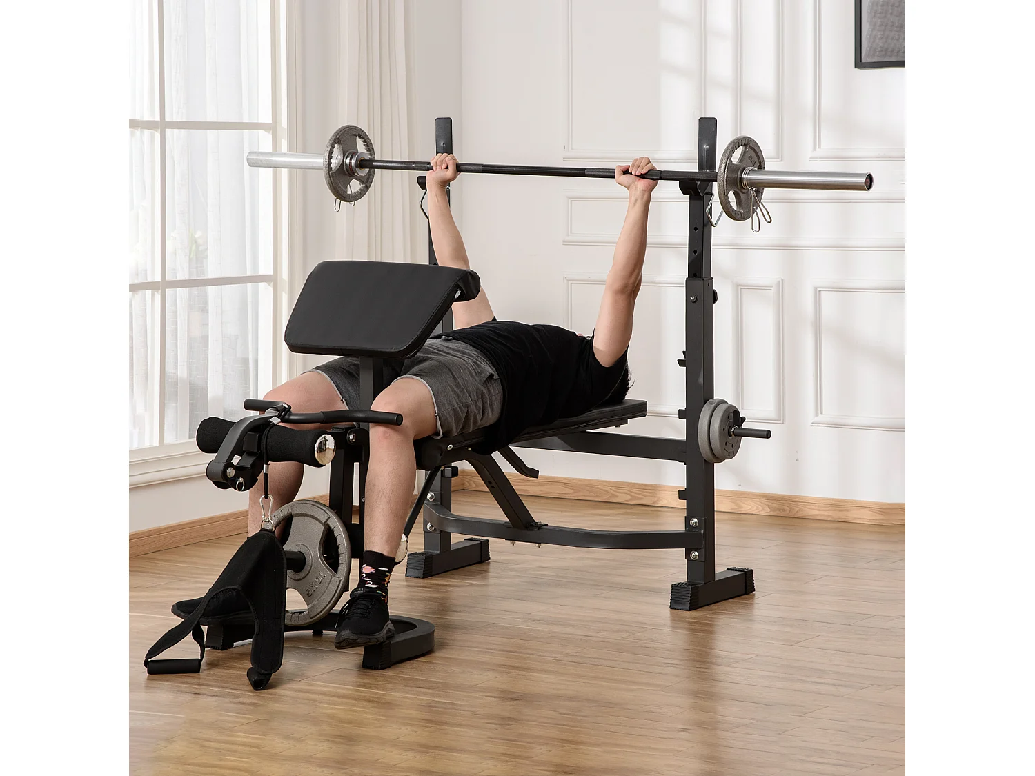 Panca multifunzione regolabile con rack bilanciere grigio e nero