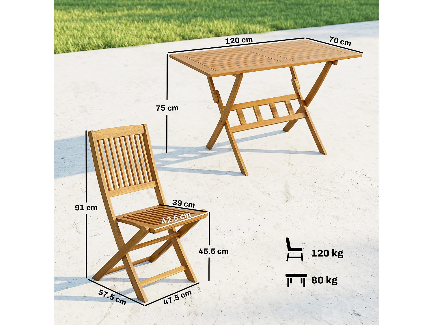 Set da pranzo pieghevole in legno di acacia naturale