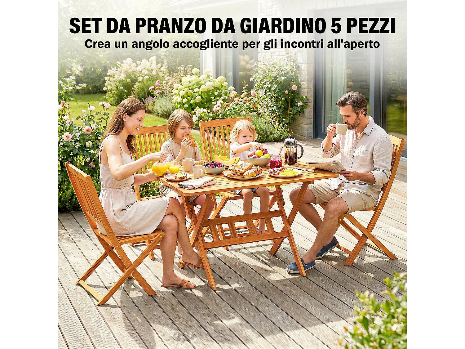 Set da pranzo pieghevole in legno di acacia naturale