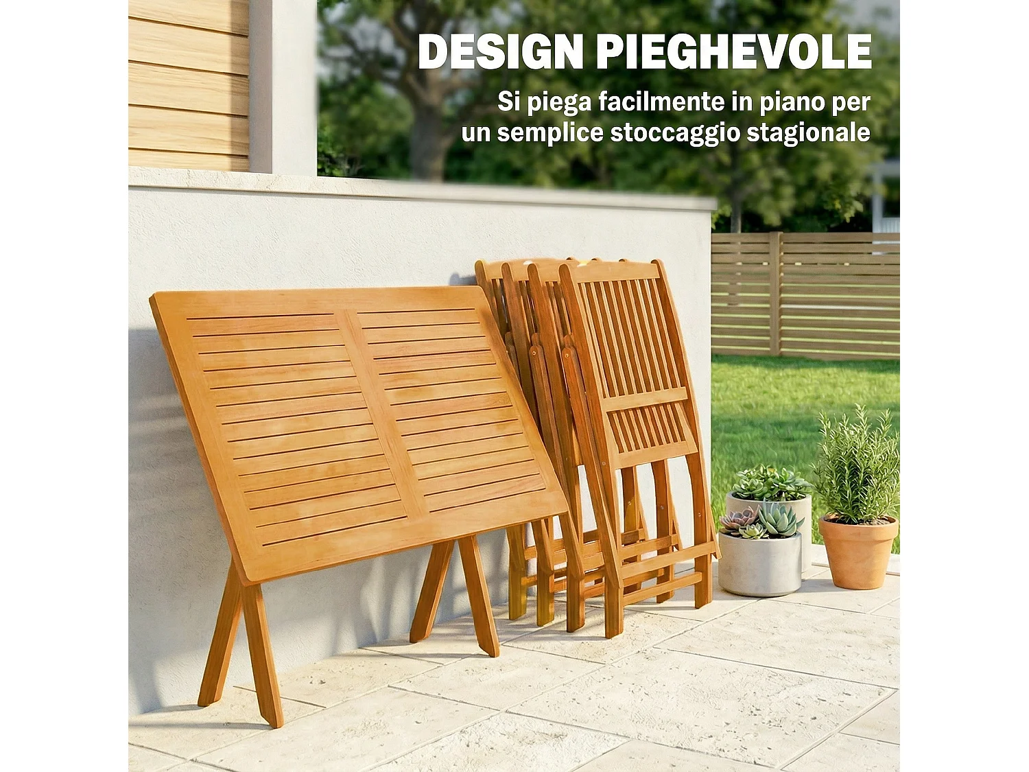 Set da pranzo pieghevole in legno di acacia naturale