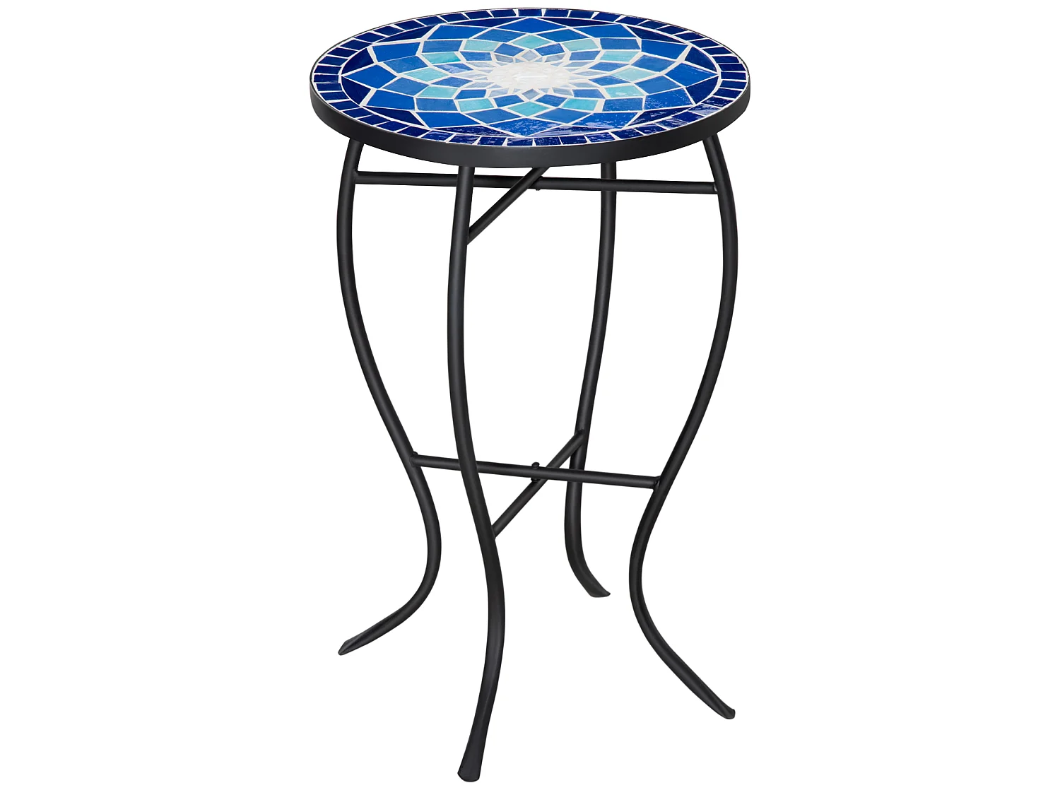 Tavolino da giardino rotondo in metallo e ceramica blu bianco
