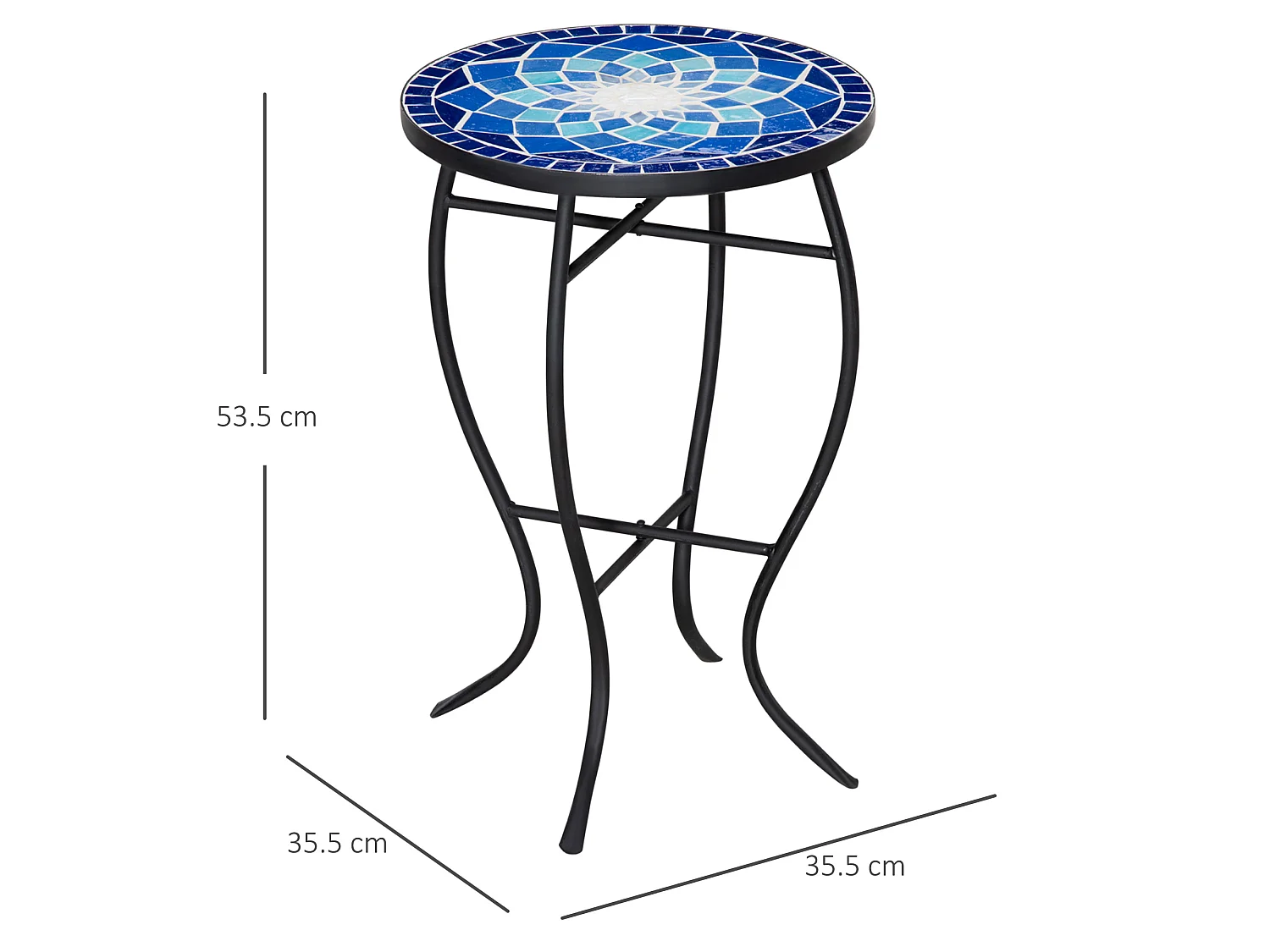 Tavolino da giardino rotondo in metallo e ceramica blu bianco