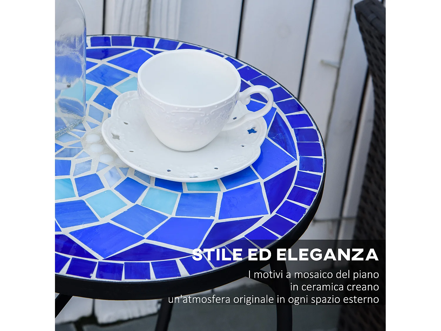 Tavolino da giardino rotondo in metallo e ceramica blu bianco