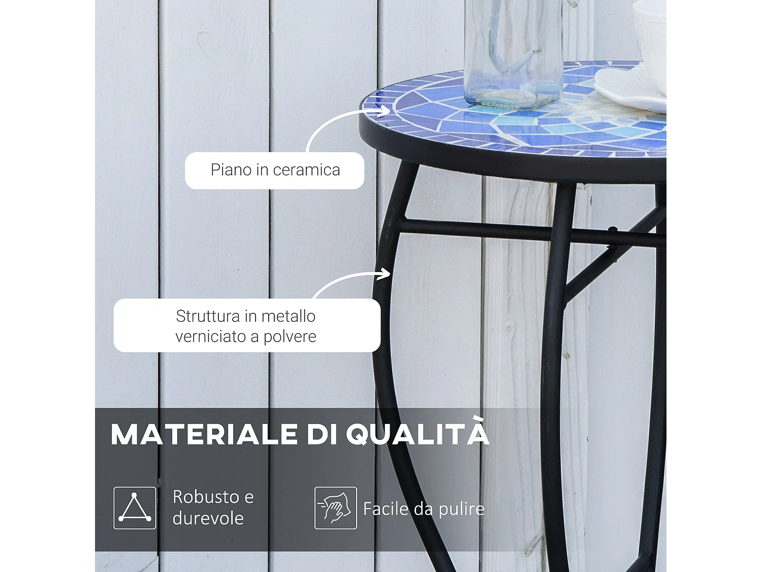 Tavolino da giardino rotondo in metallo e ceramica blu bianco